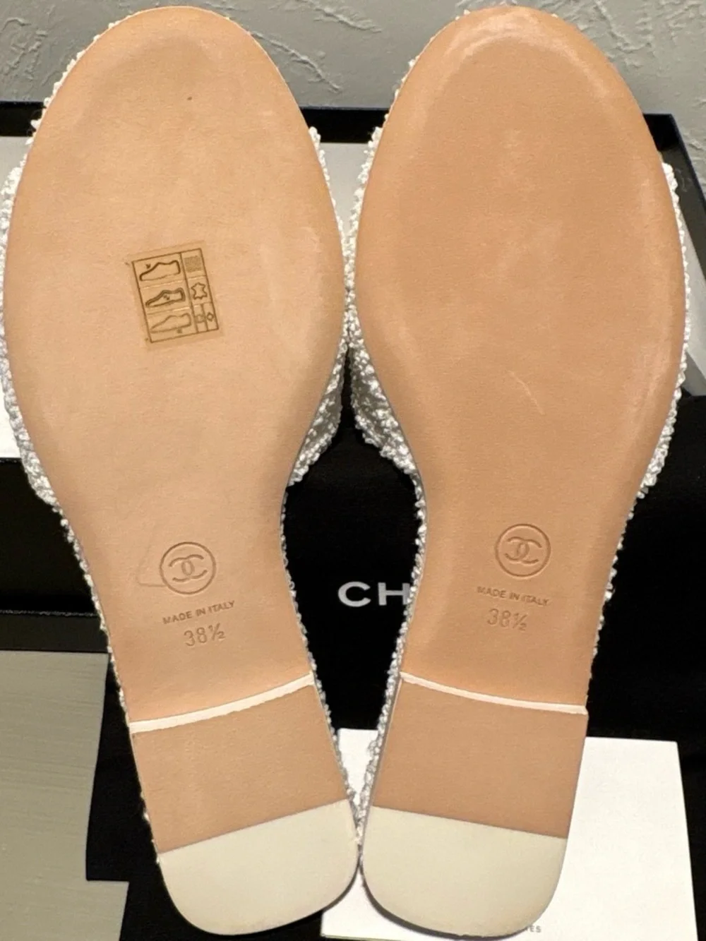 CHANEL White Tweed Pearl CC Slide Mules